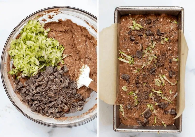 collage of chocolate zucchini bread in a bowl and in a baking pan