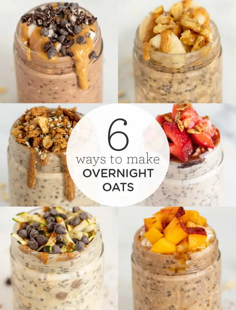 See how to make overnight oats 6 different ways! These easy overnight oats recipes are healthy, full of flavor & perfect for busy mornings. A collage showing 6 different varieties of overnight oats in mason jars