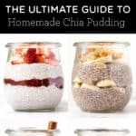 Chia puddings with fruit and other toppings in jars.