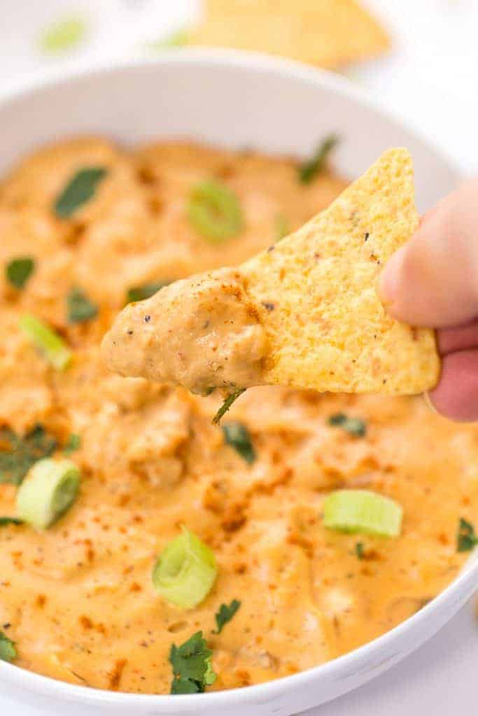 Vegan Kimchi Queso Dip -- the ultimate appetizer or snack to serve with tortilla chips & guac!