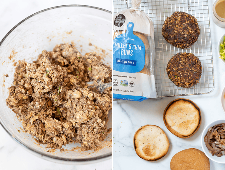 Side by side images of white bean and mushroom mixture in a glass bowl, and an overhead view of the cooked patties on a wire rack next to burger buns.