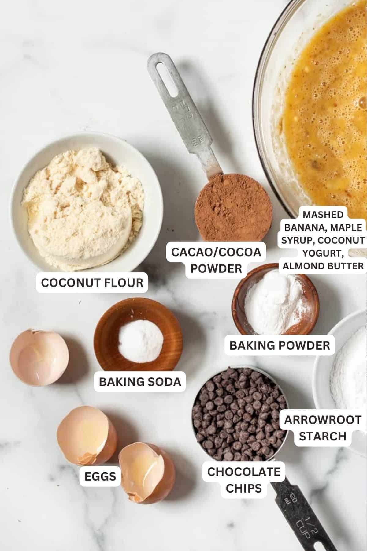 Ingredients for Double Chocolate Coconut Flour Muffins.