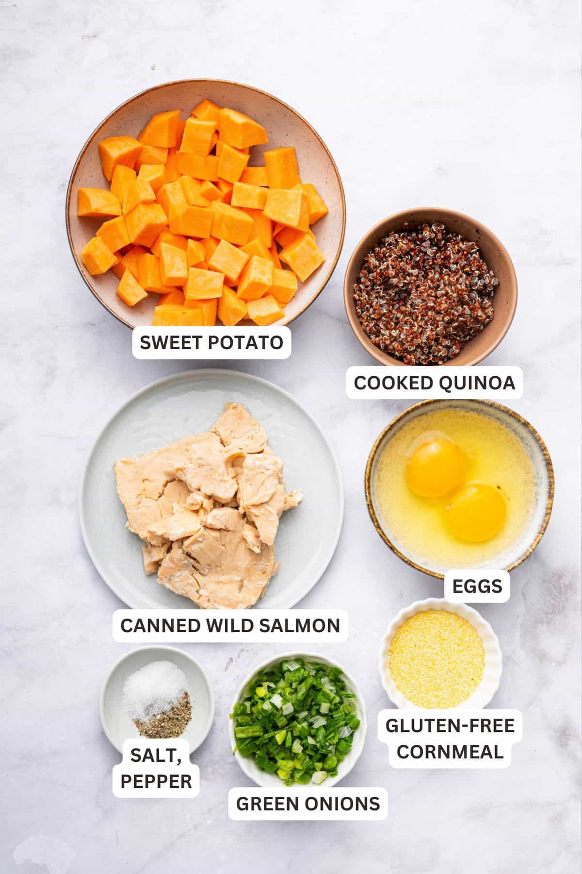 Overhead view of ingredients for salmon patties recipe