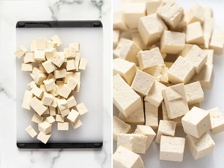 Side by side photos of cubed tofu on cutting board and closeup of cubes