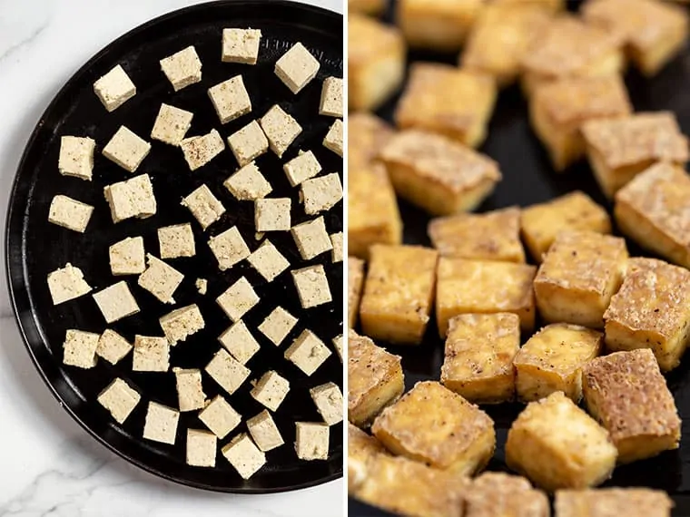 Side by side view of cubes of tofu in pan and baked crispy tofu
