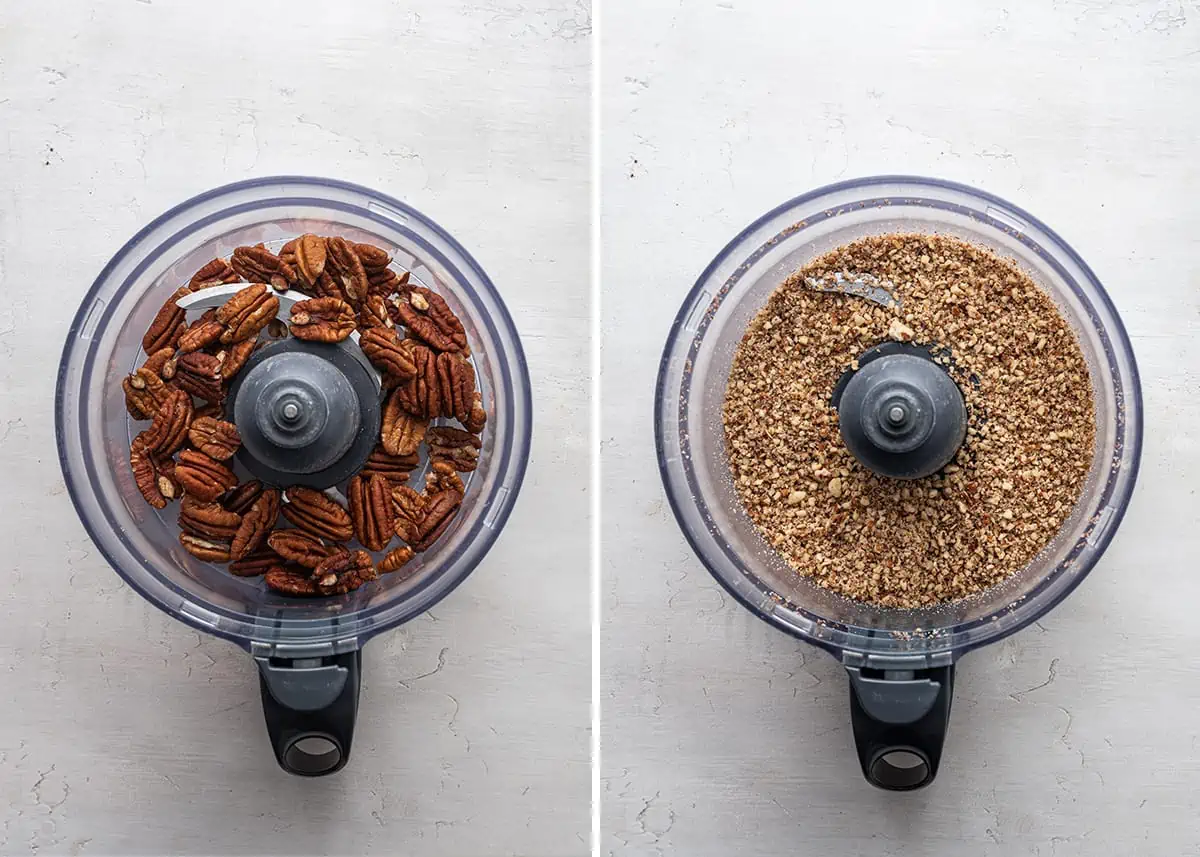 Side by side images showing pecans in a food processor before and after being crushed.
