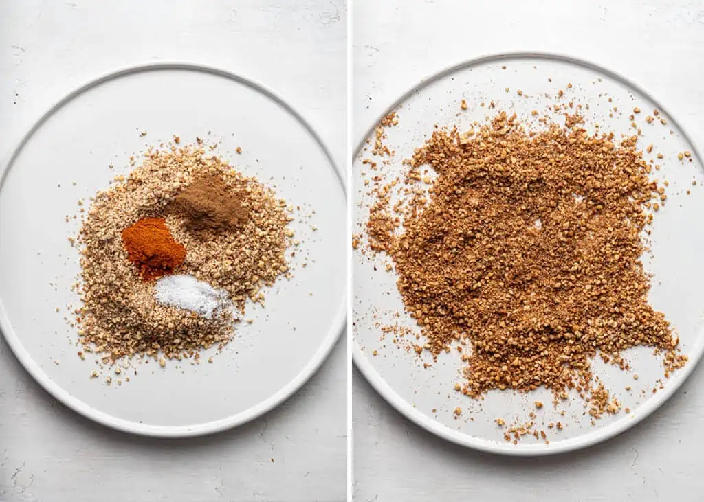 Adding spices to the pecan crust on a plate