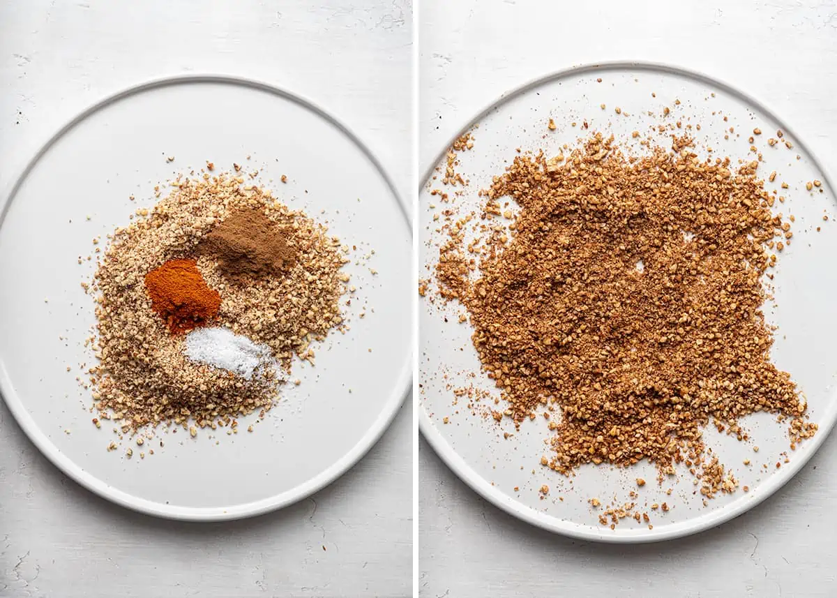 Two side by side images of spices and crushed pecans being combined on a white plate to make the cinnamon pecan coating.