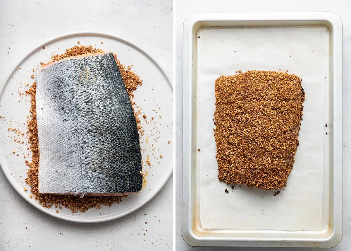 Two side by side images showing the process of coating a salmon filet in the pecan crust, and placing it crust-side-up on a baking sheet.