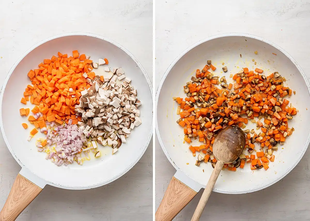Side by side with a pan full of uncooked carrots, shallots, and mushrooms, and a pan with those ingredients cooked in it, with a wooden spoon
