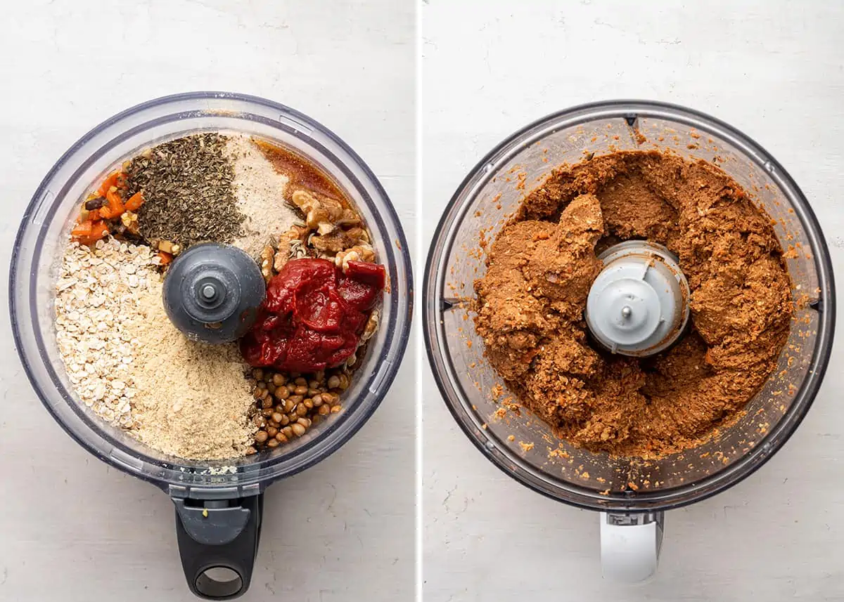 Side by side with a food processor filled with tomato paste, lentils, walnuts, yeast, bread crumbs, and seasonings, and a food processor with all of those ingredients blended together
