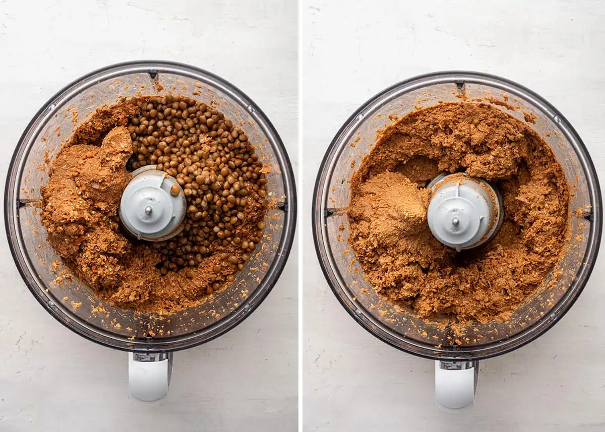 Side by side with a food processor full of vegan meatloaf dough, topped with some cooked lentils, next to a food processor with the lentils mixed in