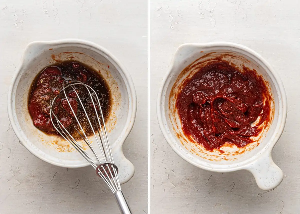 Side by side of a bowl with tomato paste, vinegar, maple syrup, mustard, and tamari in it, with a whisk, and a mixing bowl with those ingredients mixed together