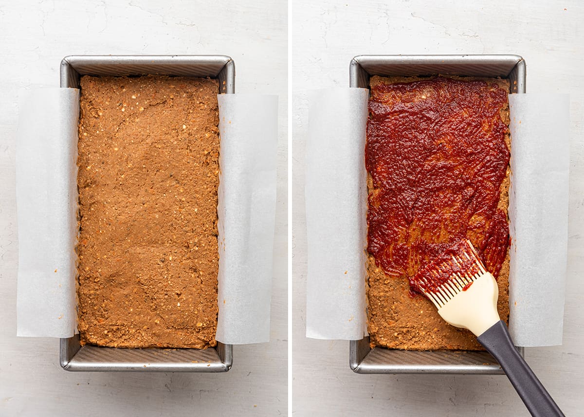 This gluten-free, vegan meatloaf is moist, hearty, comforting, and packed with lentils. It's topped with a sticky, sweet glaze. Side by side of an uncooked vegan meatloaf in a pan, and an uncooked vegan meatloaf in a pan with a brush painting glaze on the top of it