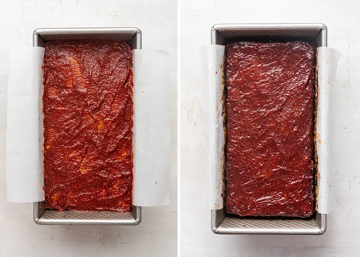 Side by side of an uncooked vegan meatloaf in a loaf pan, topped with glaze, and a cooked vegan meatloaf in a loaf pan, topped with glaze