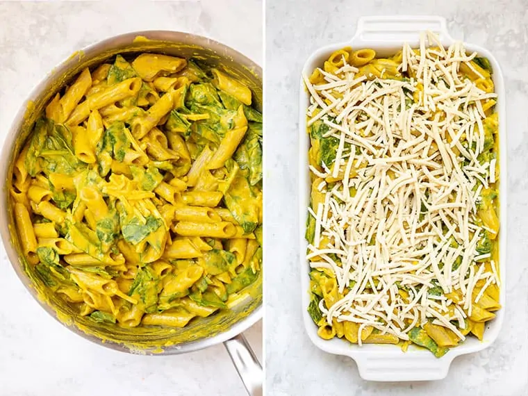 Side by side images showing pumpkin pasta in a skillet, and added to a casserole dish topped with vegan cheese.
