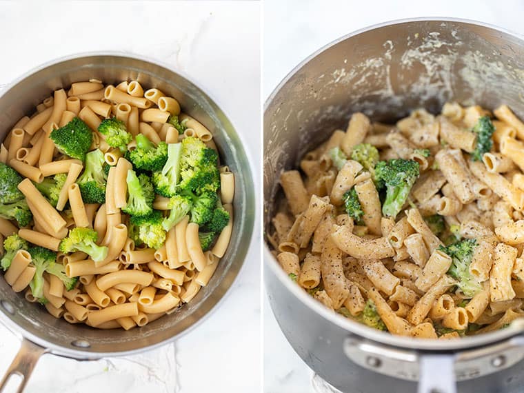 Make this creamy vegan lemon broccoli pasta in one pot with 6 ingredients! It's quick and easy, packed with cheesy flavor and tender veggies. Side by side images of cooked pasta and broccoli combined in a pot, and the finished lemon broccoli pasta in a pot.