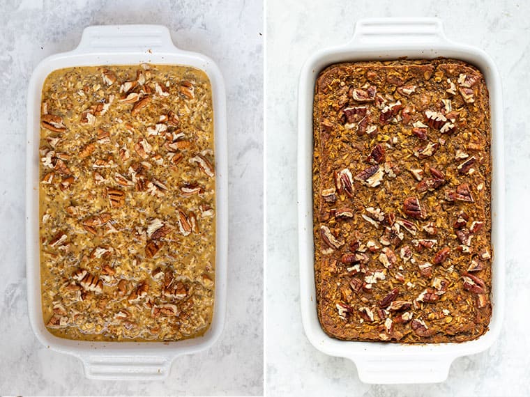Side by side images showing how to prepare pumpkin baked oatmeal in a baking dish.