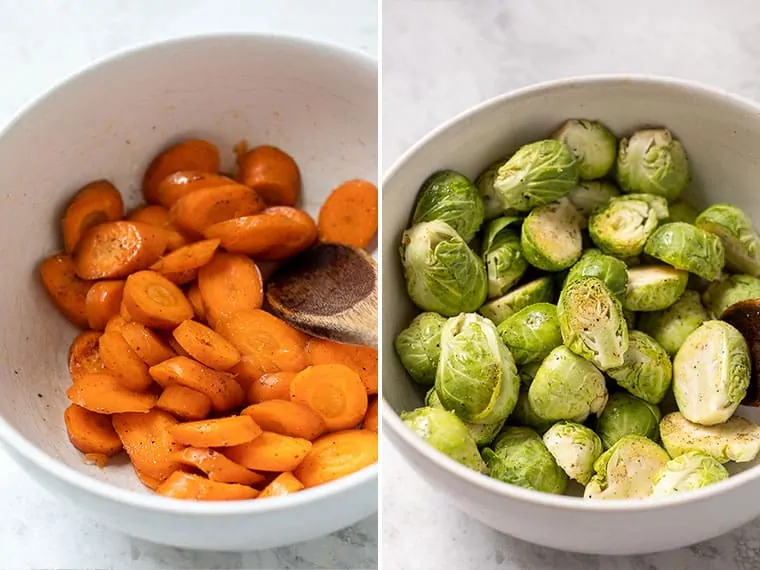 Side by side images of seasoned carrots and Brussels sprouts in bowls.