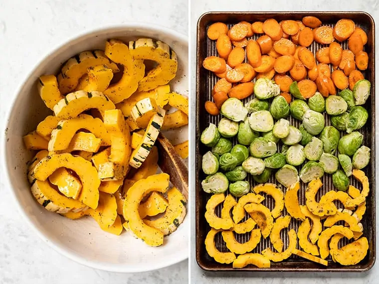 Side by side images of delicata squash in a bowl, next to winter vegetables added to a baking sheet.