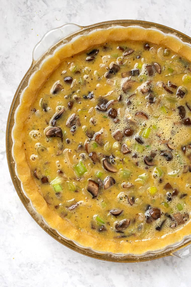 Dairy-free mushroom quiche before baking