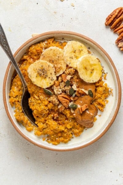 bowl of pumpkin oatmeal with banana