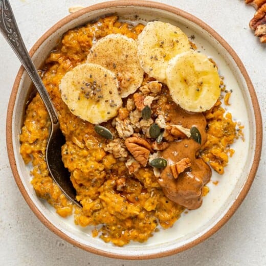 bowl of pumpkin oatmeal with banana