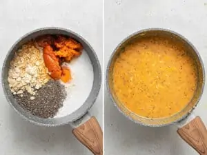 collage of cooking oatmeal with pumpkin, chia and coconut milk