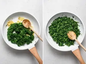 collage of cooking spinach with garlic in a skillet