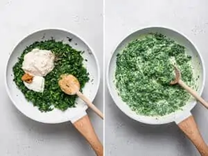 collage of adding cashew cream to spinach in a skillet