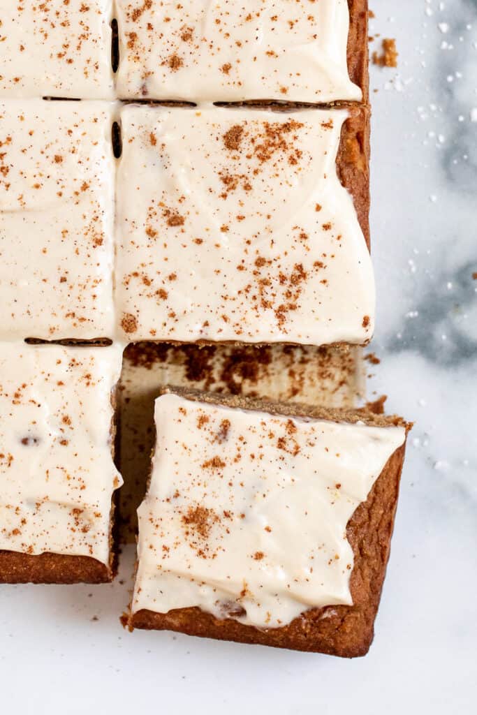 Overhead view of sliced fresh apple cake