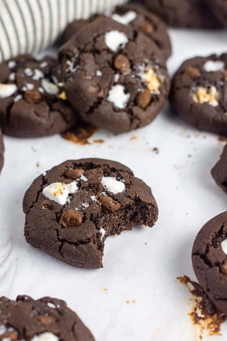 bite of gluten free hot chocolate cookies with marshmallows