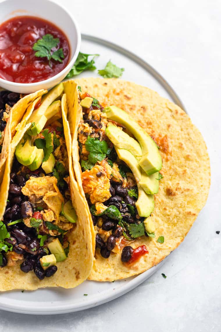 breakfast taco ideas with eggs, beans and salsa