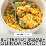 bowl of roasted butternut squash risotto with sage and quinoa