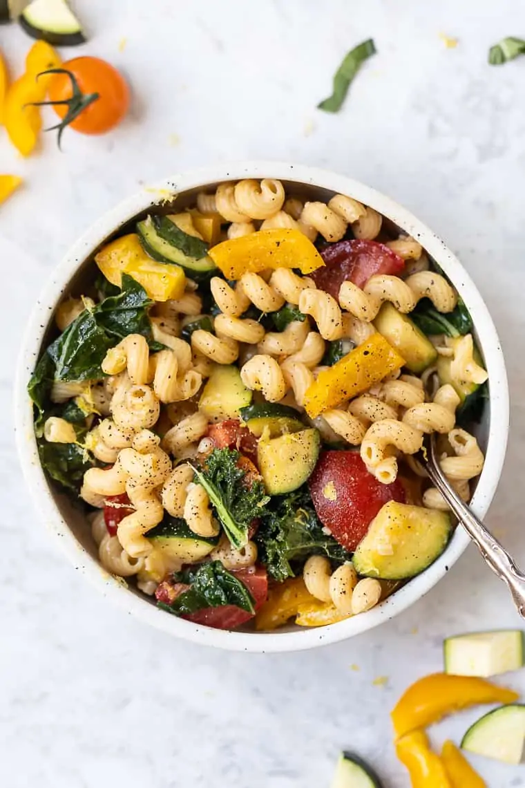 veggie pasta primavera made with chickpea pasta