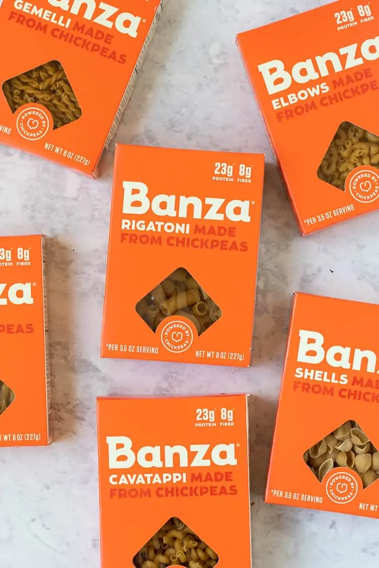 boxes of banza pasta made from chickpeas