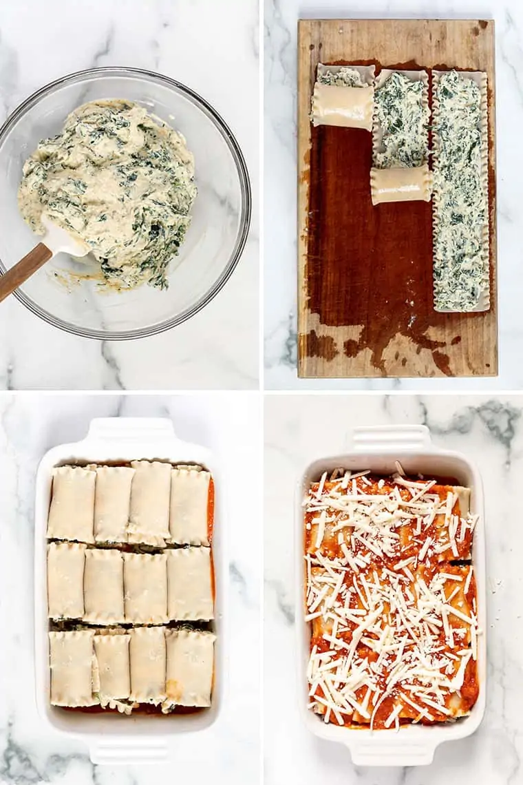 collage of steps to make tofu ricotta, rolled up in noodles and baked in a casserole dish