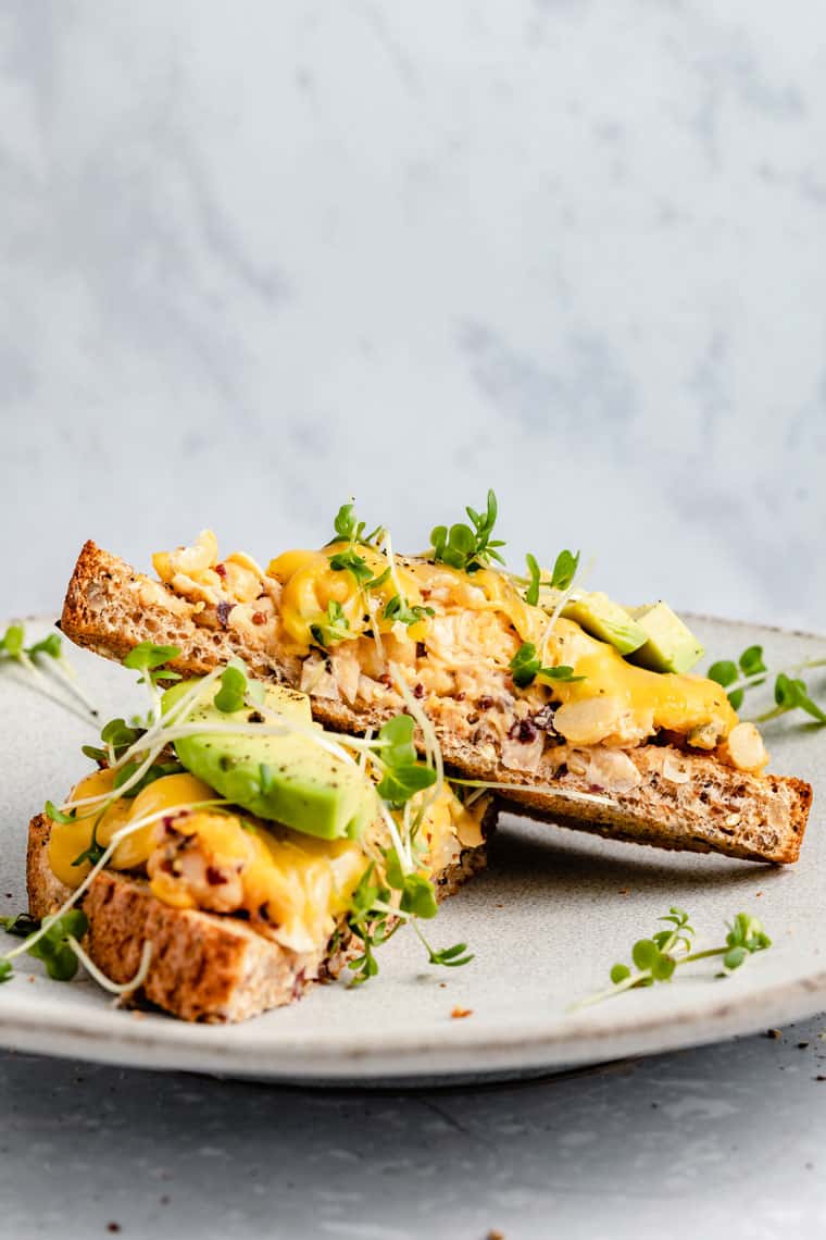 side view of vegan tuna melt with chickpeas and avocado