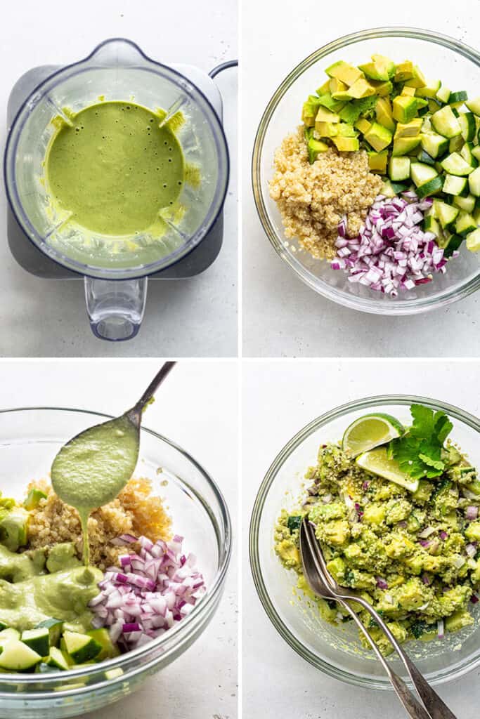 The best cucumber quinoa salad recipe with avocado and creamy cashew herb dressing. It makes a delicious and light vegan lunch or dinner! collage of steps to make quinoa cucumber salad with creamy dressing in a blender