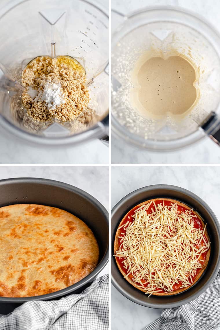Collage of four images to make quinoa pizza crust in a blender and in a cake pan