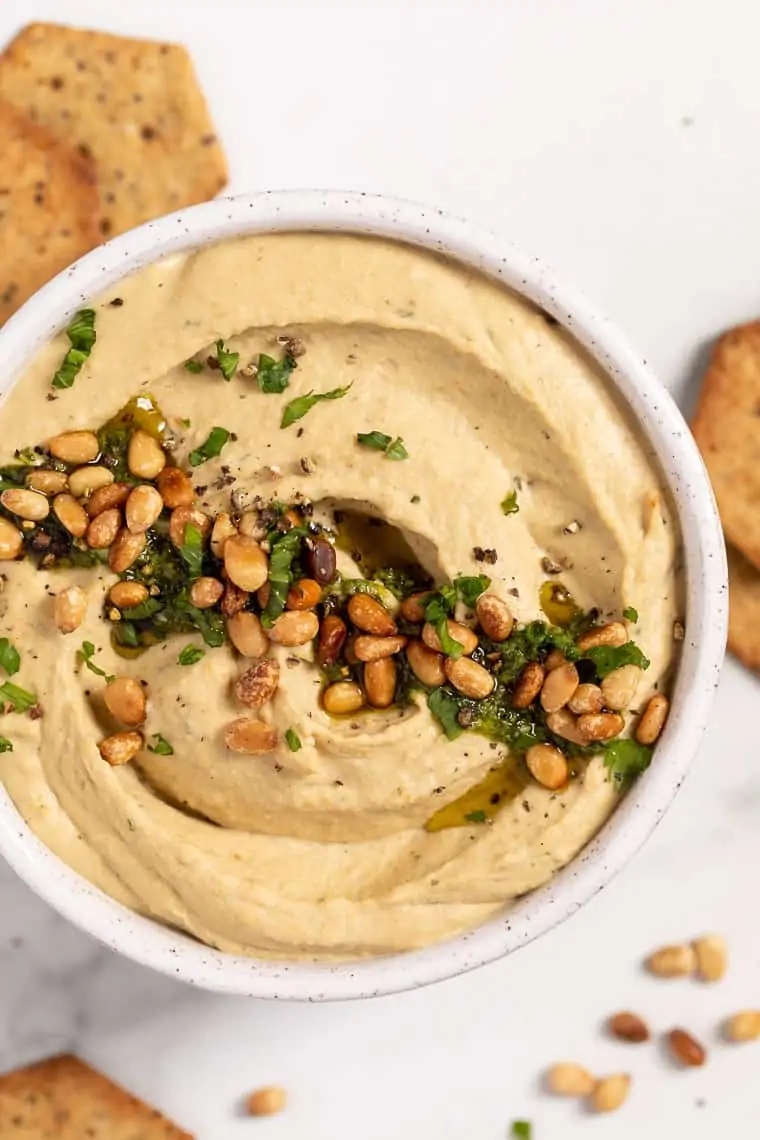 toasted pine nut hummus with pesto and crackers