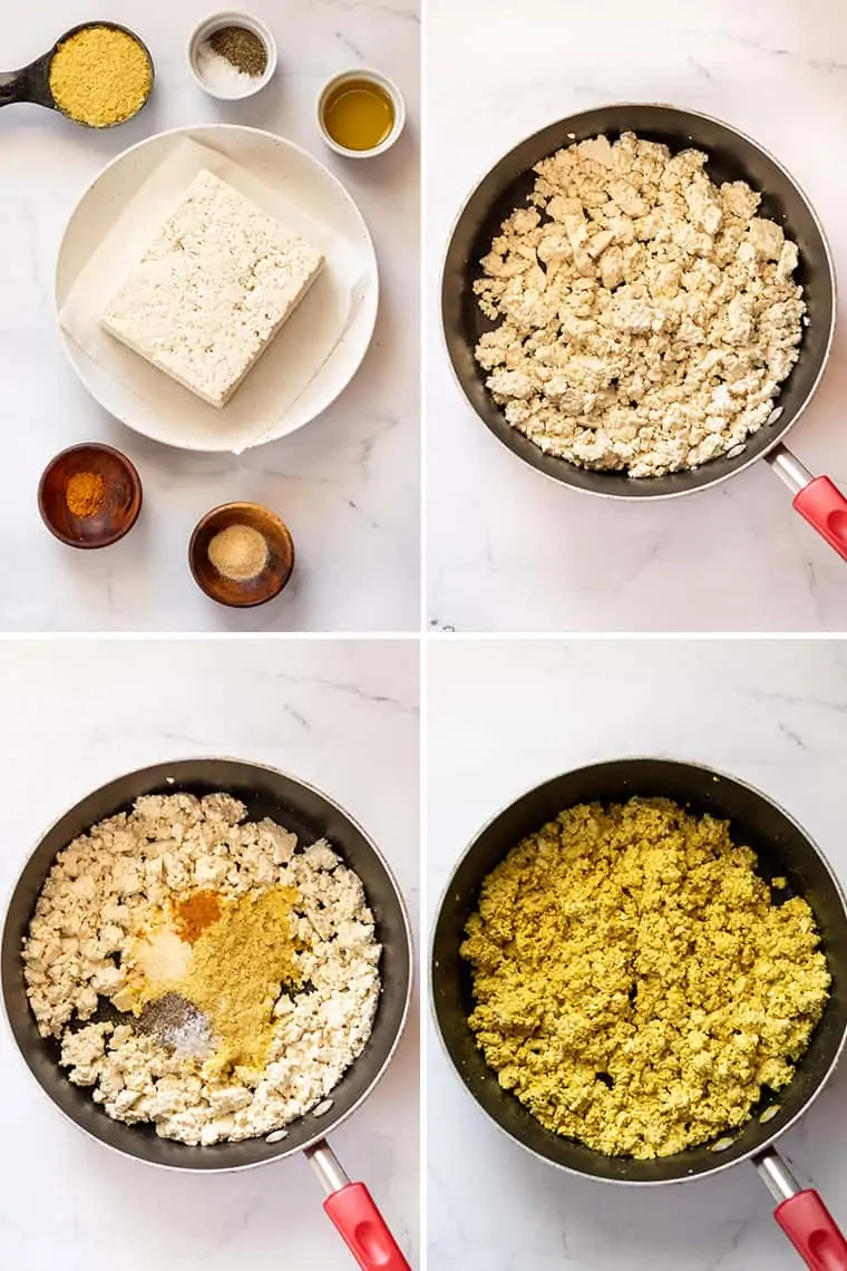 collage of four steps to make basic tofu scramble in a frying pan with yellow spices