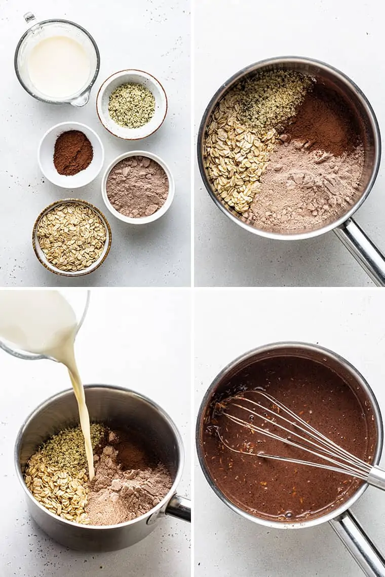 overhead of a collage of the steps to make protein oatmeal with chocolate