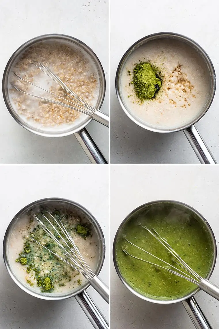 overhead of four pots making green tea oatmeal with coconut milk