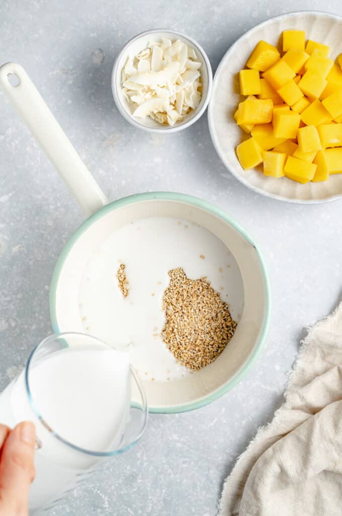 Creamy Coconut Steel Cut Oats + Quinoa with Mango Simply Quinoa