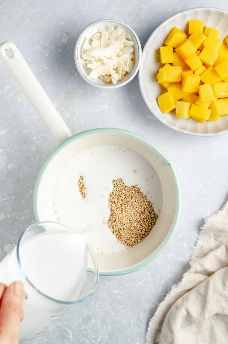 overhead of a hand pouring vegan milk into a pot of steel cut oats with bowls of coconut and mango on the side