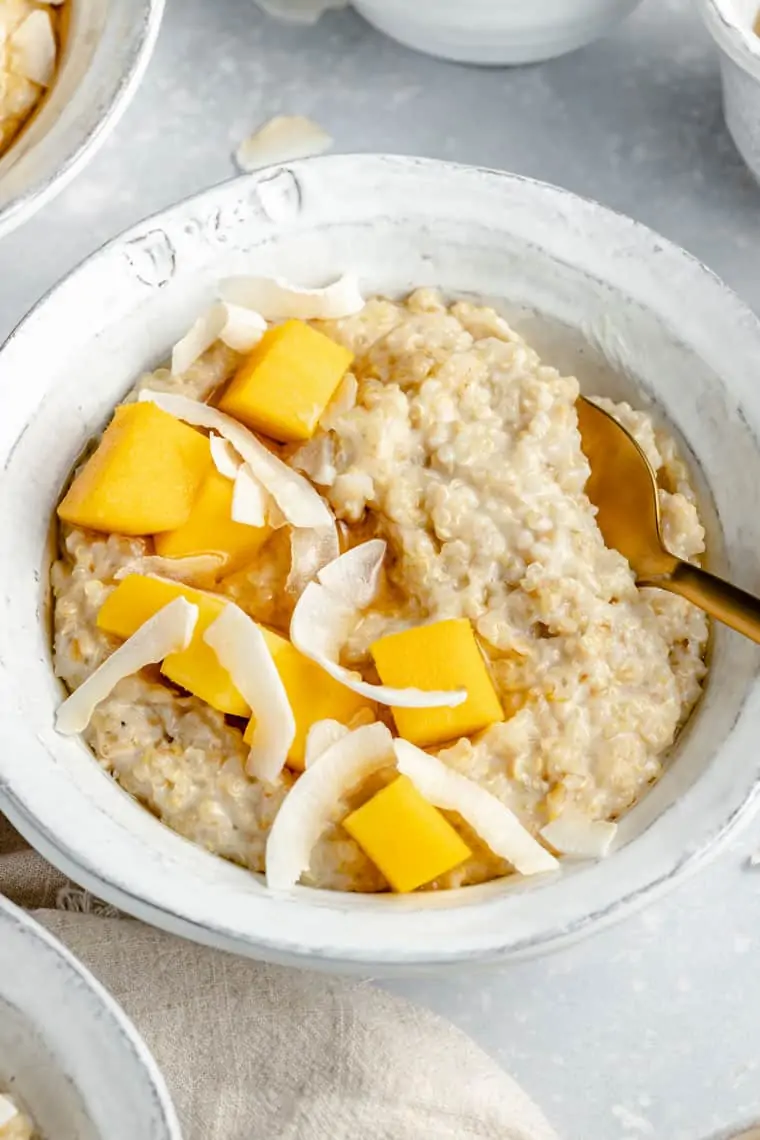 overhead of a bowl of creamy oats with mango and coconut chips on top