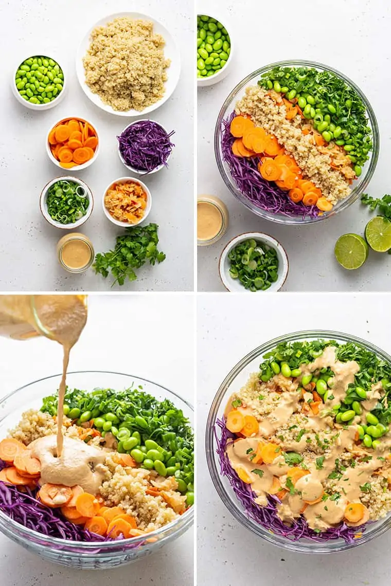 overhead of a collage of steps to make colorful asian quinoa salad with raw vegetables