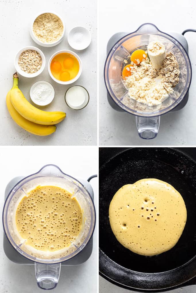 four steps to make the batter for protein pancakes including the ingredients and cooking pancakes on a griddle