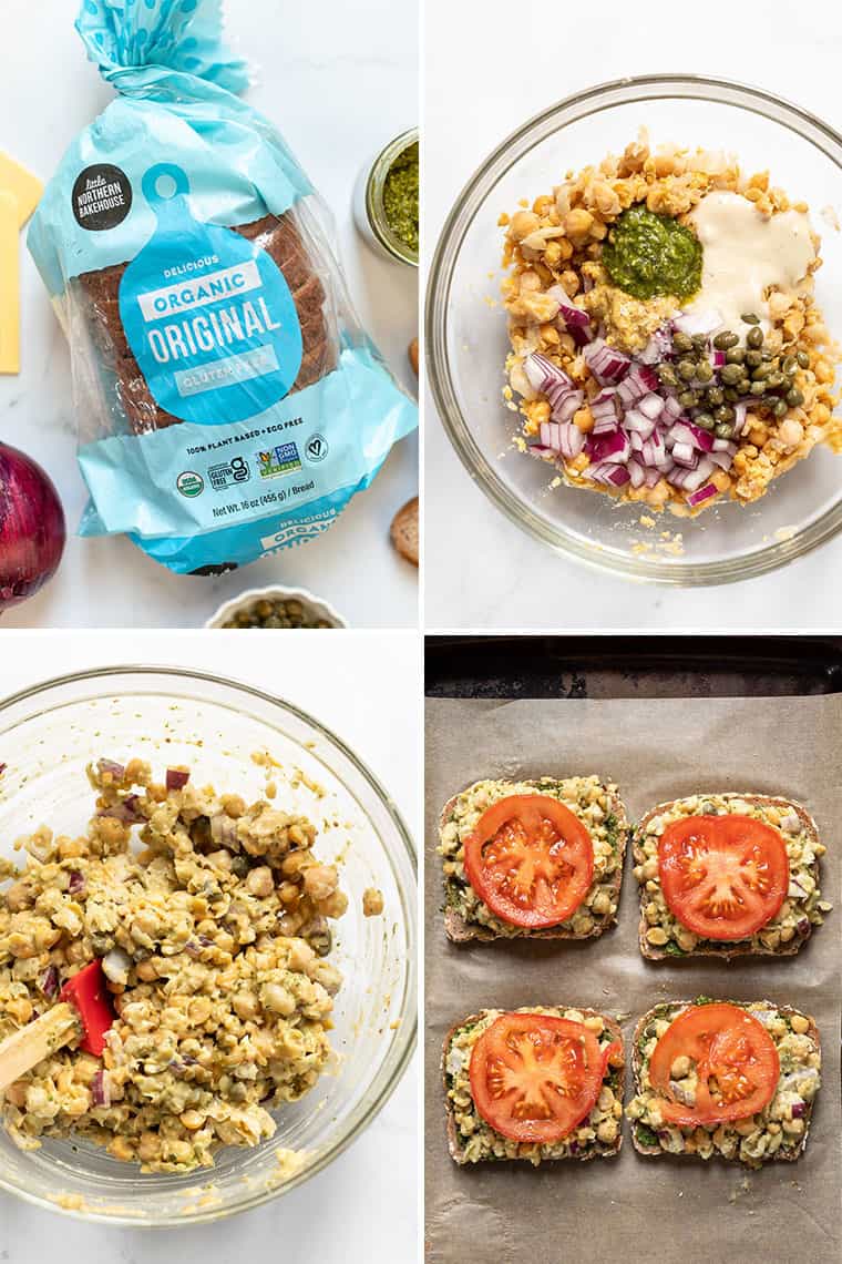 overhead of four images collaged with the steps to make vegan chickpea melts with pesto and whole grain bread